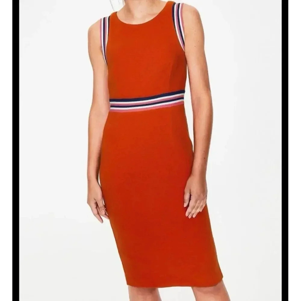 Sleeveless Rust Red Sheath Dress with Striped Waist